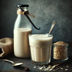 DALL·E 2025-07-24 12.12.19 - A realistic, high-resolution image set in a cozy, rustic setting. In the center, a clear glass is filled with creamy Vanilla Oat Milk Coffee, dairy-fr